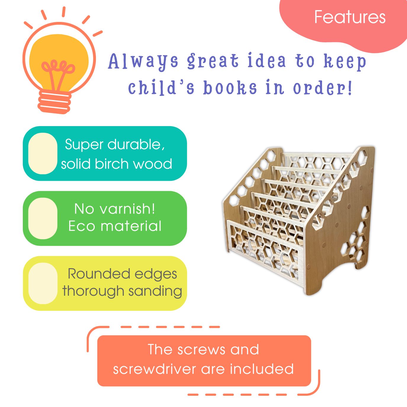 Childrens book shelf | Wooden Montessori Bookshelf