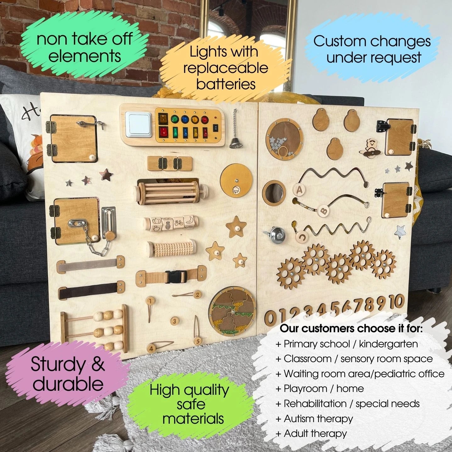 Natural style sensory wall panel with locks, gears, and LED lights. Safe, durable, and handmade for autism therapy, special needs, sensory rooms, and educational spaces. Made with high-quality materials and fixed elements