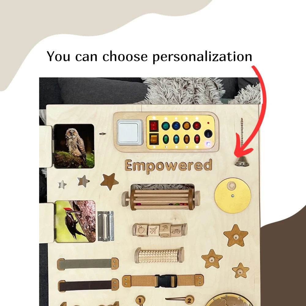 Personalized sensory wall panel in natural style with custom name option. Features fine motor activities, lights, locks, and photos for autism therapy, special needs, and home learning