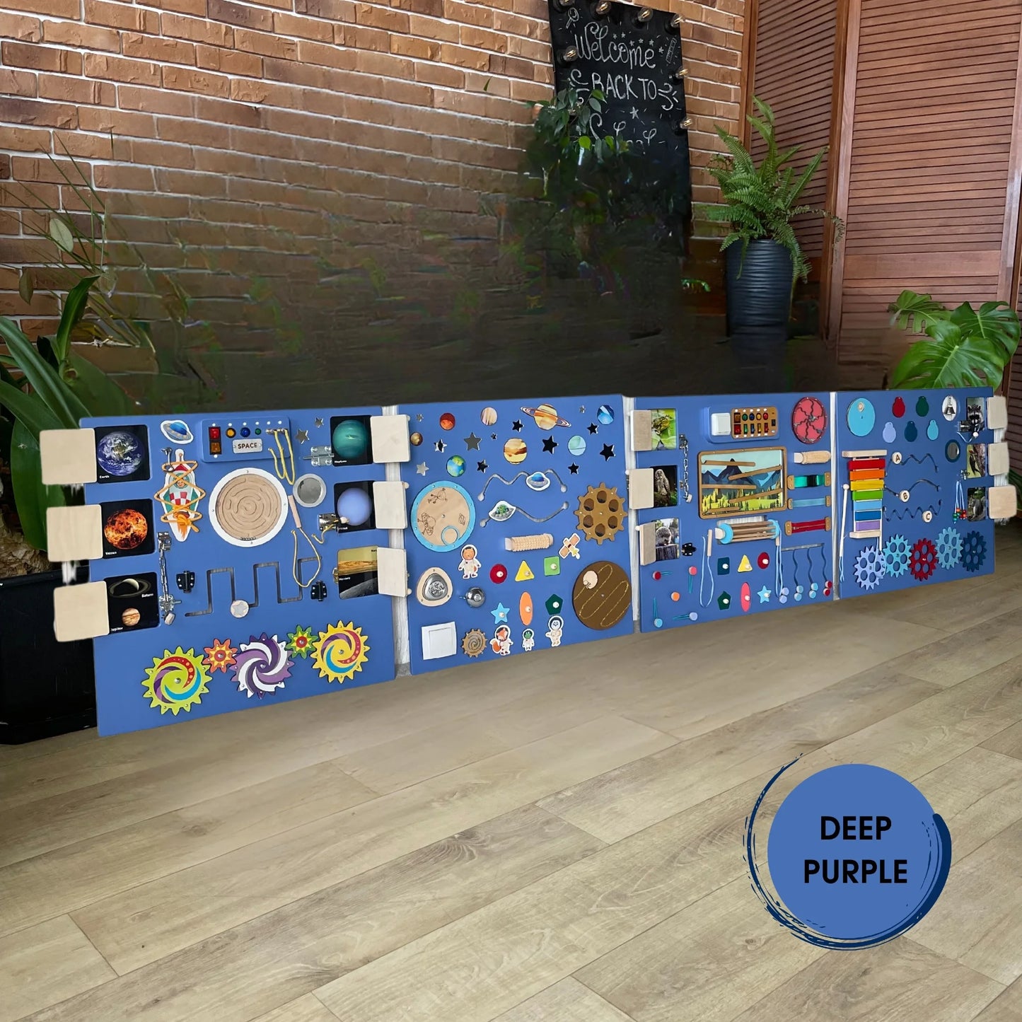 Large deep purple sensory wall panel with LED lights and space-mountain theme, perfect for schools and therapy rooms
