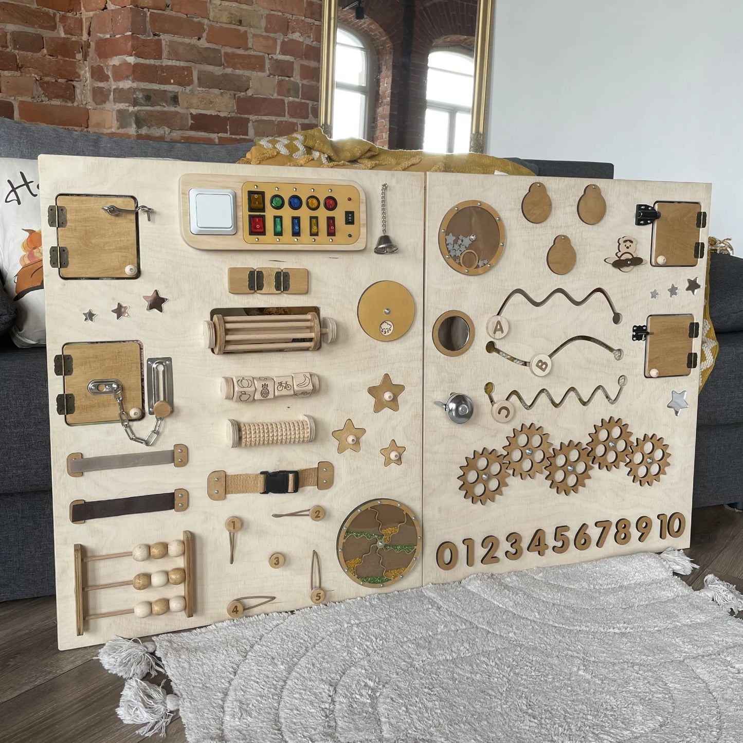 Extra large natural sensory wall panel with wooden tactile activities, lights, and switches. Perfect for autism therapy, memory care, and motor skill development in kids and adults. Ideal for classrooms, therapy clinics, and home playrooms