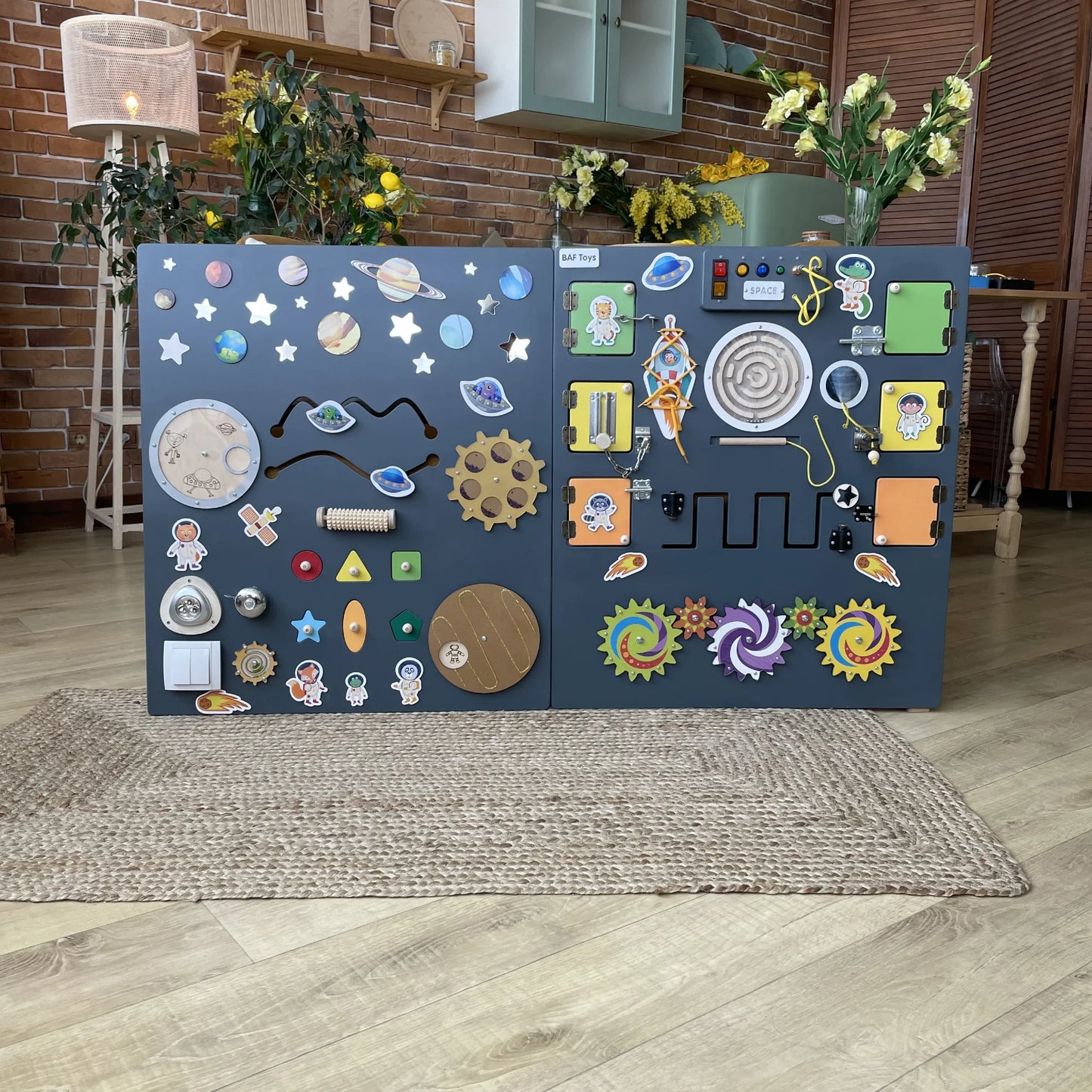 Extra-large space-themed sensory wall panel for schools, clinics, and special needs playrooms, with planets, astronauts, gears, lights, and fine motor skill elements