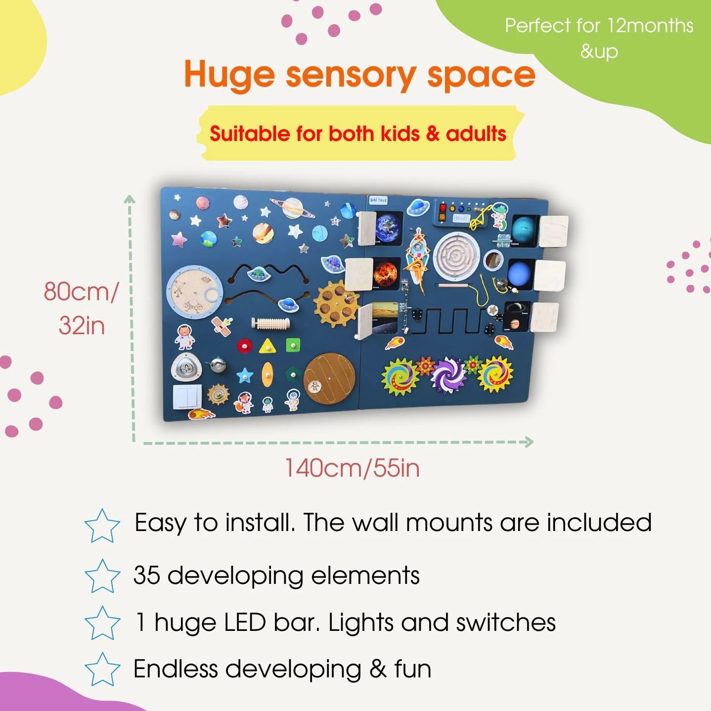 Large dark grey sensory wall panel in space theme, with dimensions 140cm x 80cm (55in x 32in). Features include 35 activity elements, LED lights, and wall mounts. Text emphasizes fun, development, and suitability for kids and adults