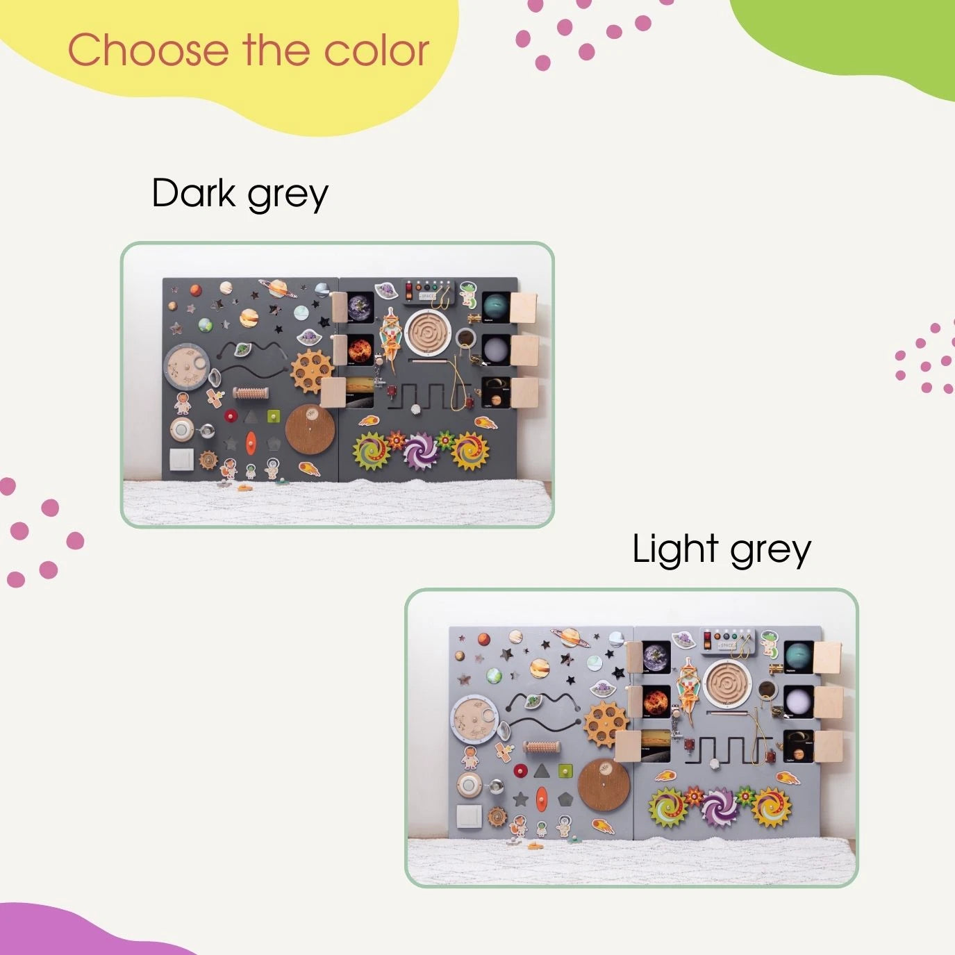 Two large sensory wall panels in space theme, shown in Dark Grey and Light Grey color options. Decorative background includes playful color splashes and the text "Choose the color"