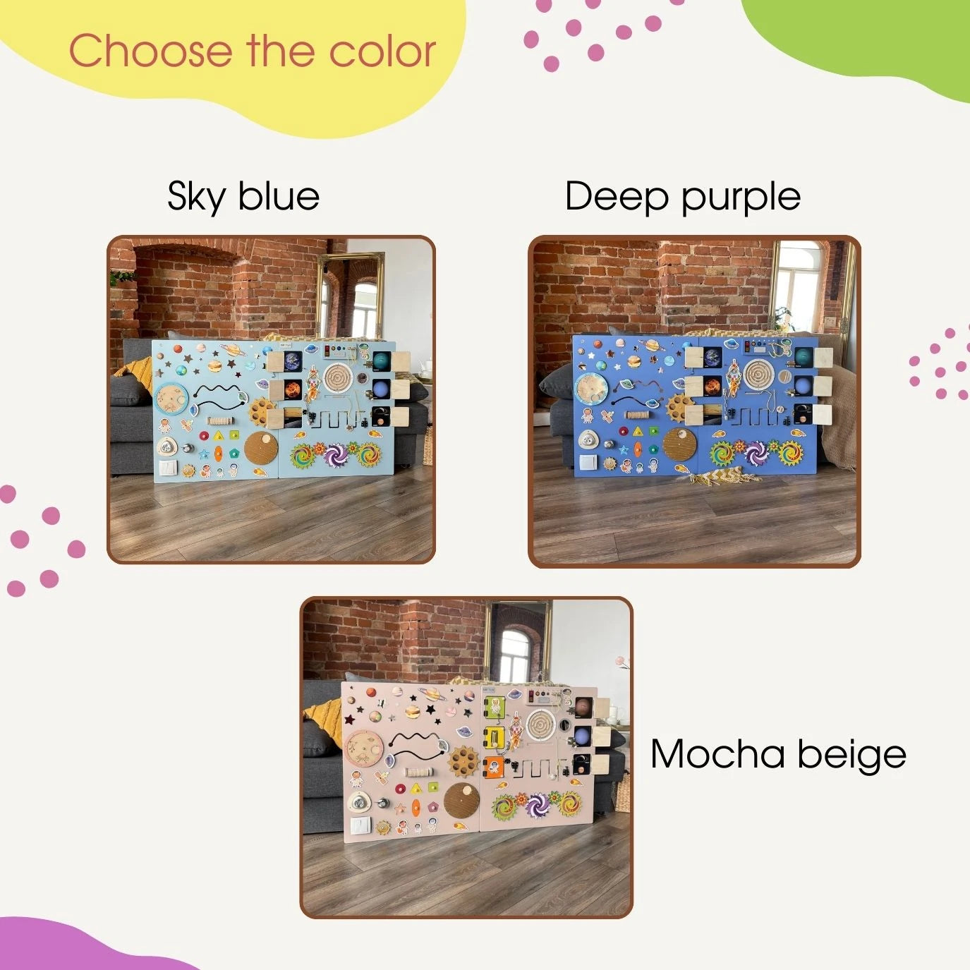 Three large space-themed sensory wall panels in different colors: Sky Blue, Deep Purple, and Mocha Beige, displayed in a cozy room with brick walls. Text reads "Choose the color"