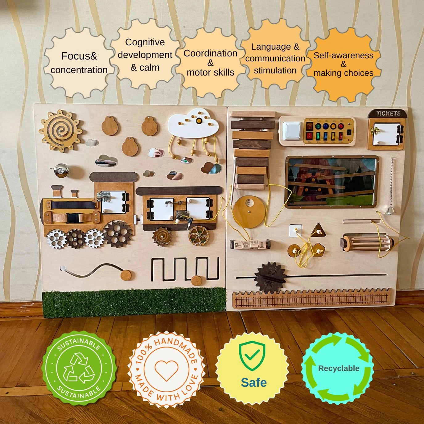 Infographic of train-themed sensory wall panel showing benefits like focus, motor skills, communication, cognitive development, and sustainability. Ideal for kids and adults