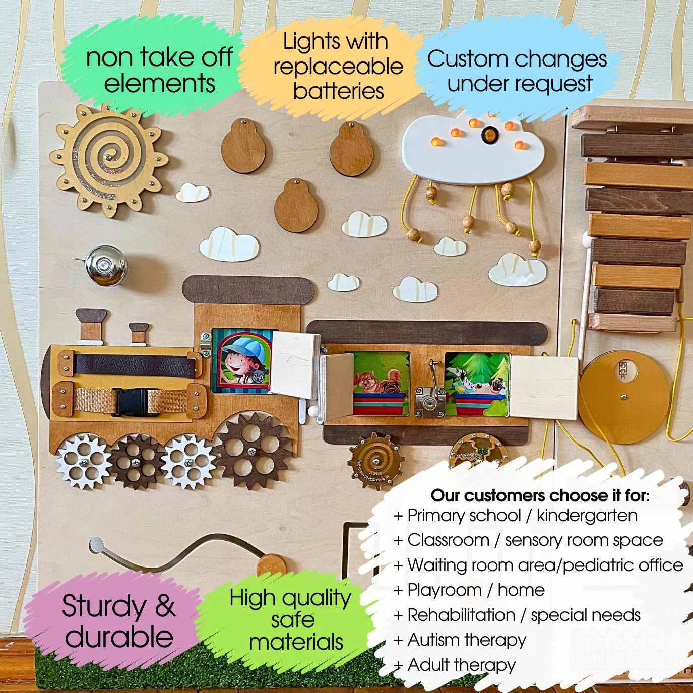 Train-themed sensory wall panel highlighting features like safe materials, sturdy design, non-removable parts, LED lights, and custom options. Ideal for schools, therapy, and waiting rooms