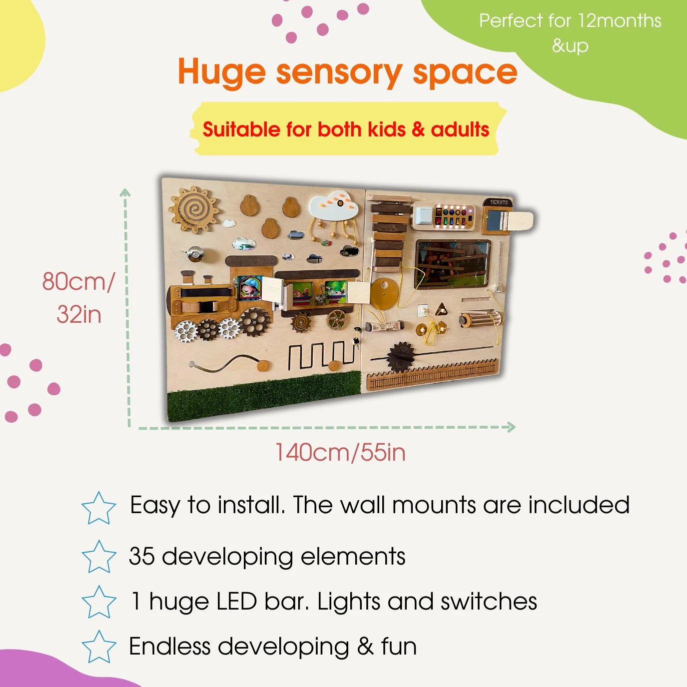 Size chart infographic of large train-themed sensory wall panel 140x80cm (55x32in). Includes 35 sensory activities, LED bar, lights and switches. Suitable for kids and adults