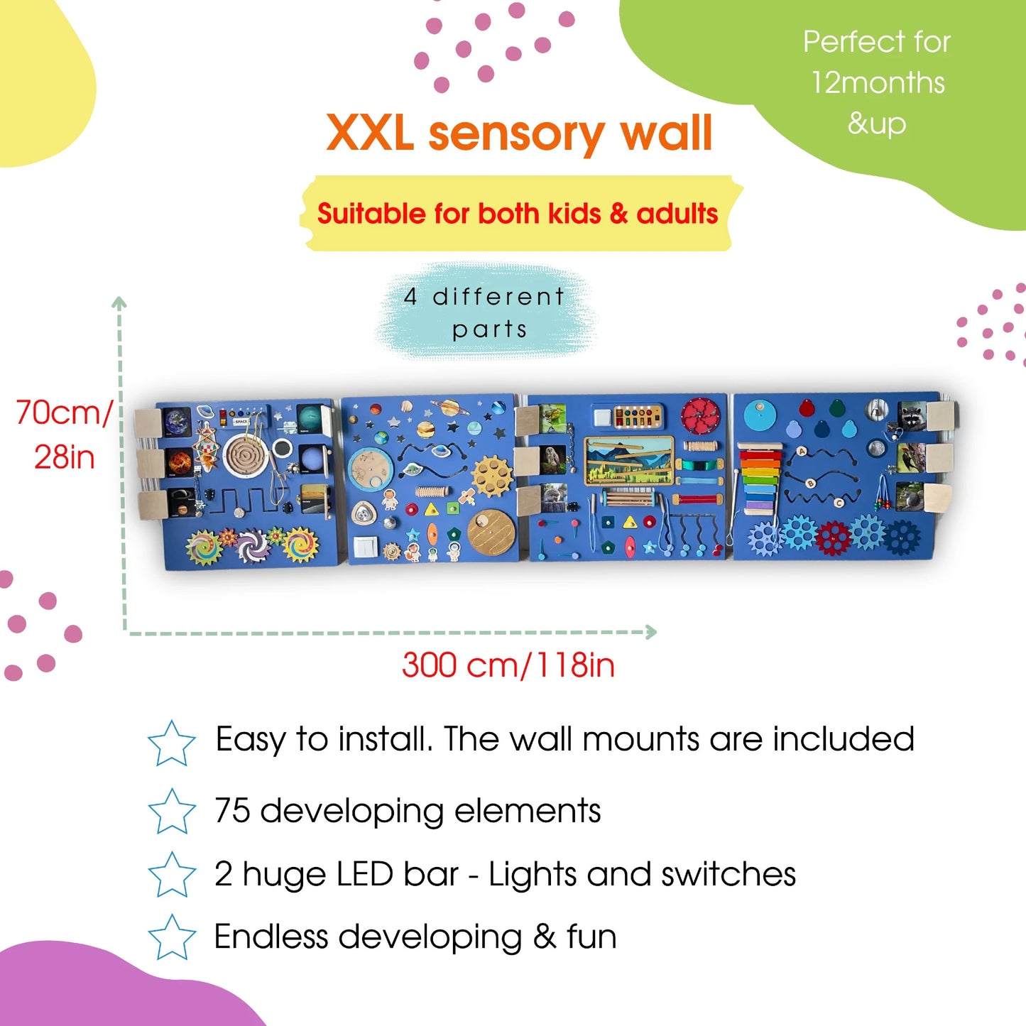 XXL sensory wall panel infographic showing size 300×70cm, with 75 developing elements, LED lights, and 4 activity sections for kids and adults