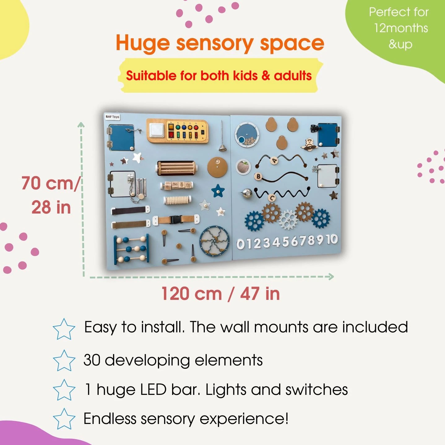 Infographic showing features of the sensory wall panel including size, LED lights, and developmental activities