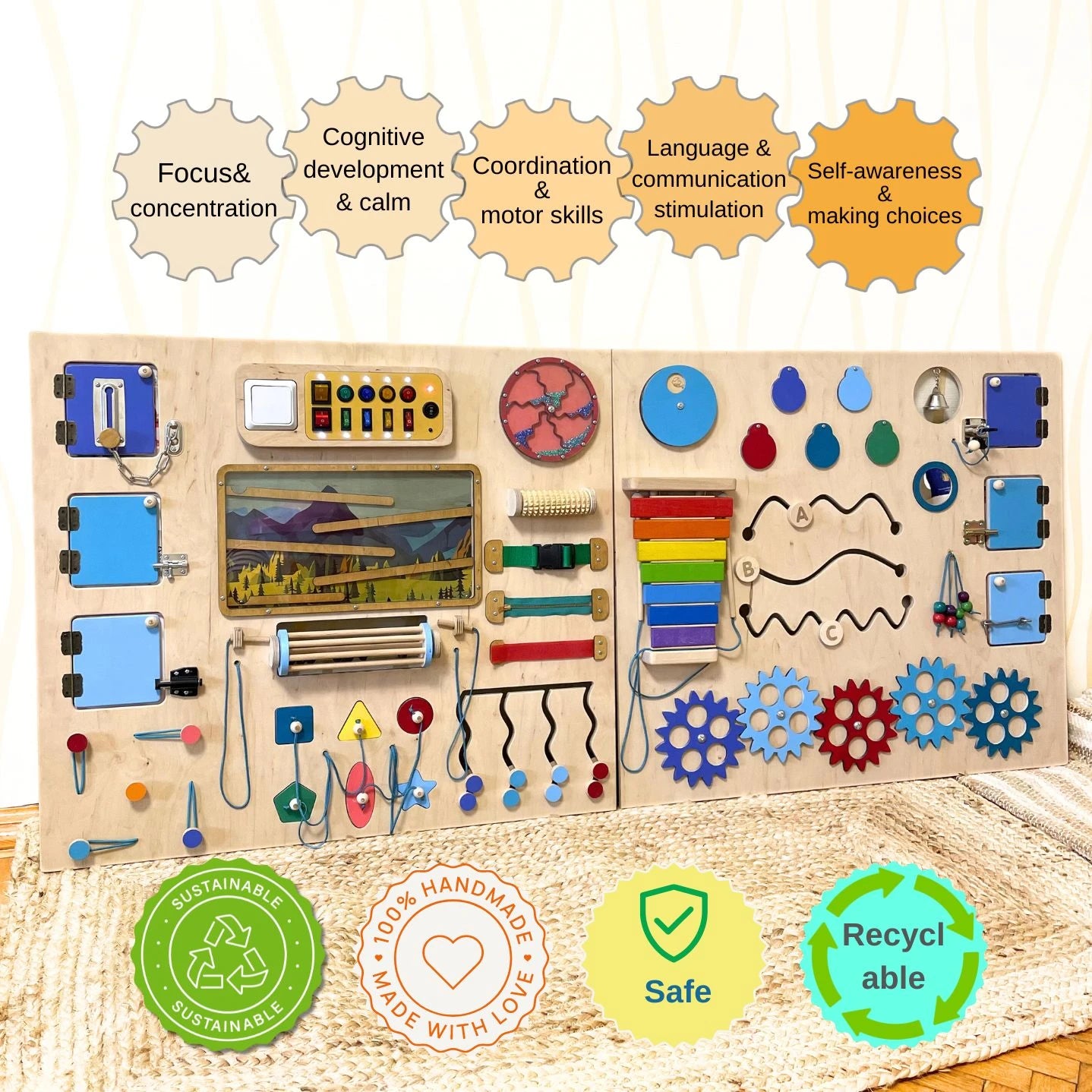 Educational sensory wall with labeled icons showing benefits like motor skills, focus, language, and therapy use.