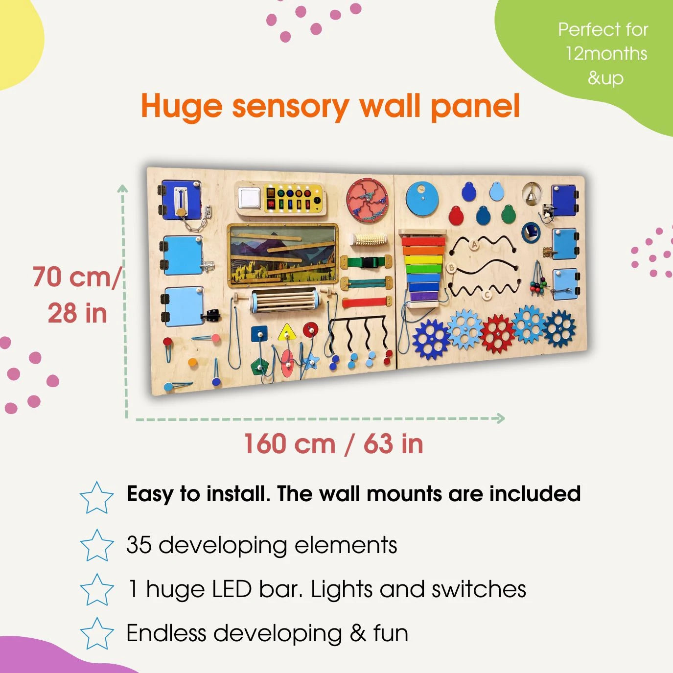 Size of sensory wall panel: 160x70cm (63x28 inches) with list of features, lights, and fun benefits.