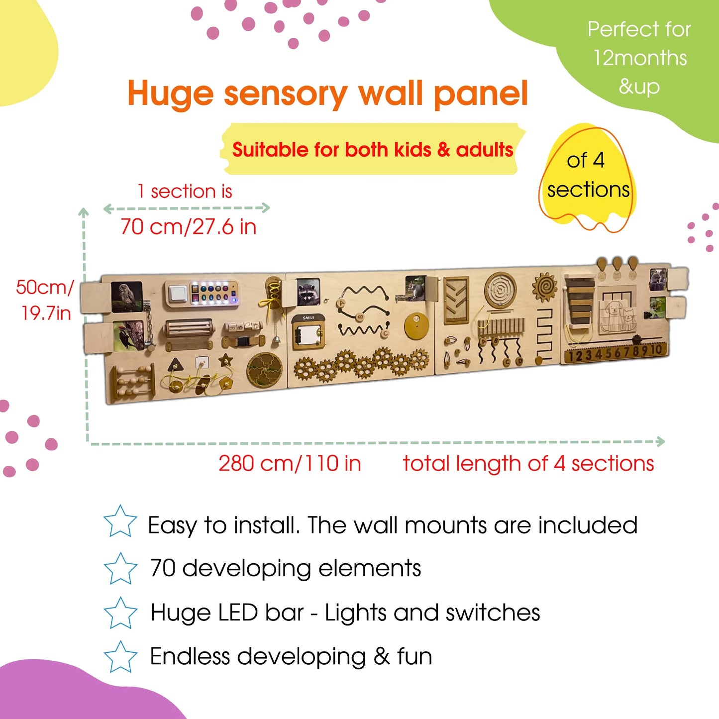 Huge sensory wall panel infographic with size 280×50cm and 4 connected sections for kids and adults