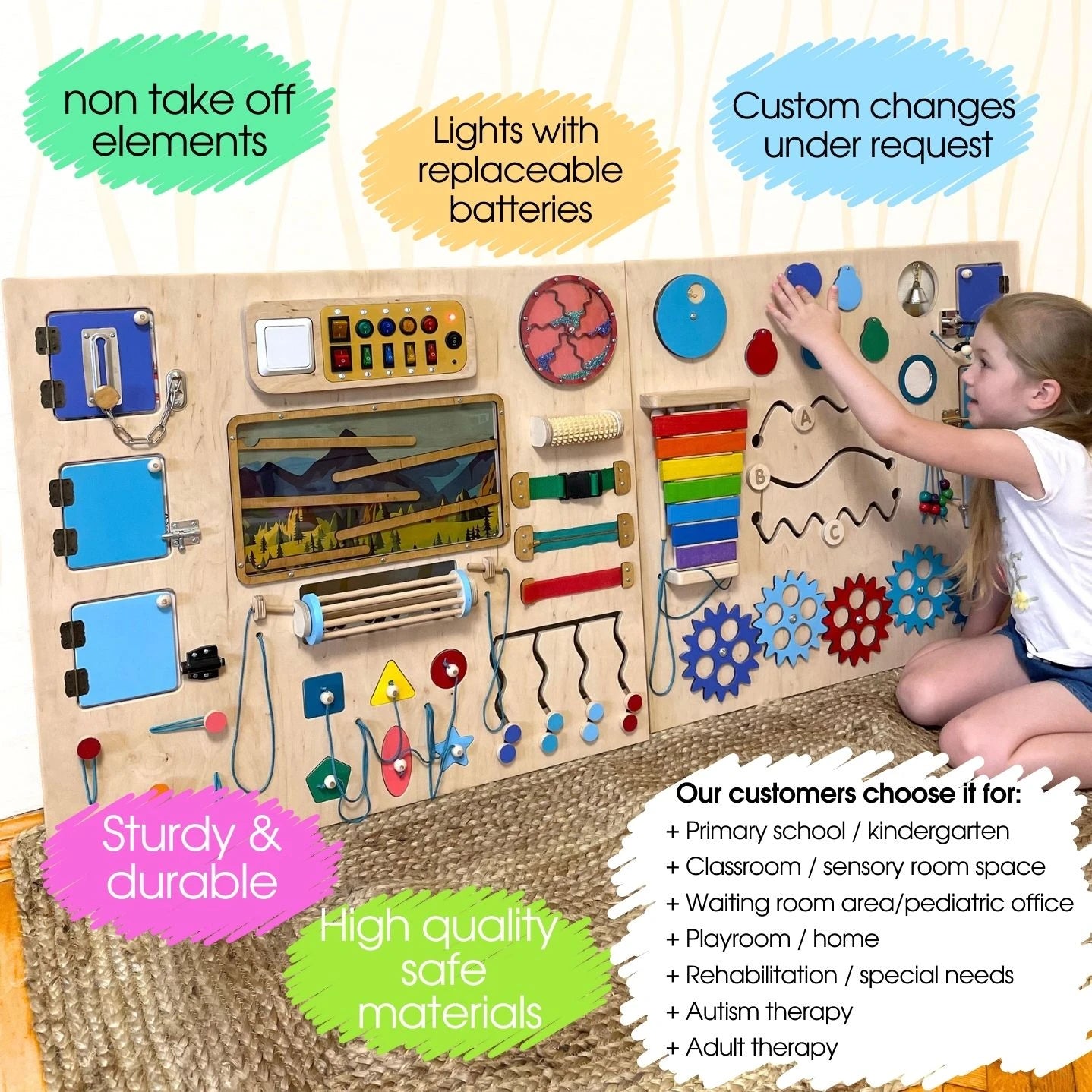 Children's educational wall panel with various interactive elements and a child playing with it.