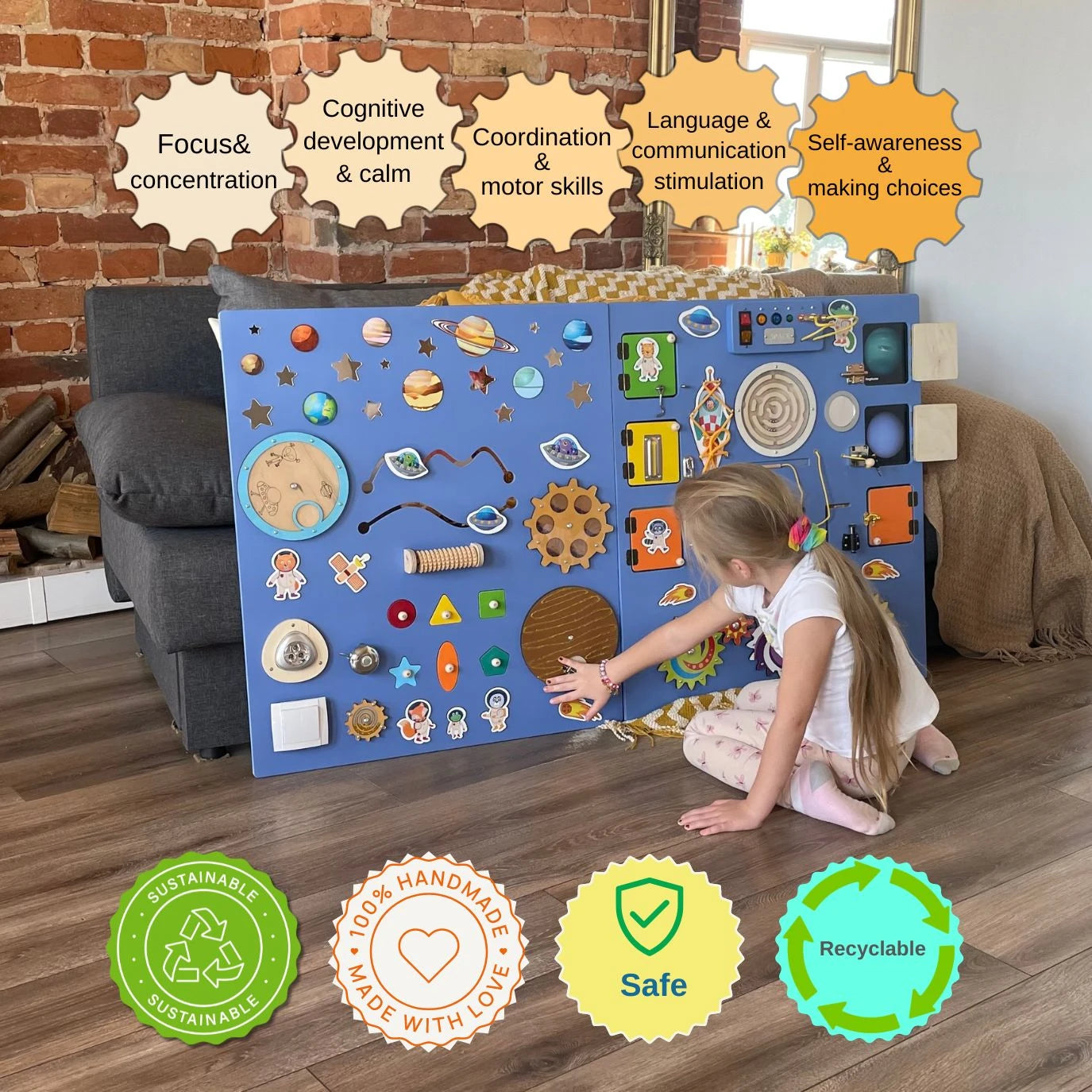 Girl playing with space-themed sensory wall panel – Deep Purple. Promotes focus, motor skills, language, and cognitive development. Handmade, safe, recyclable product