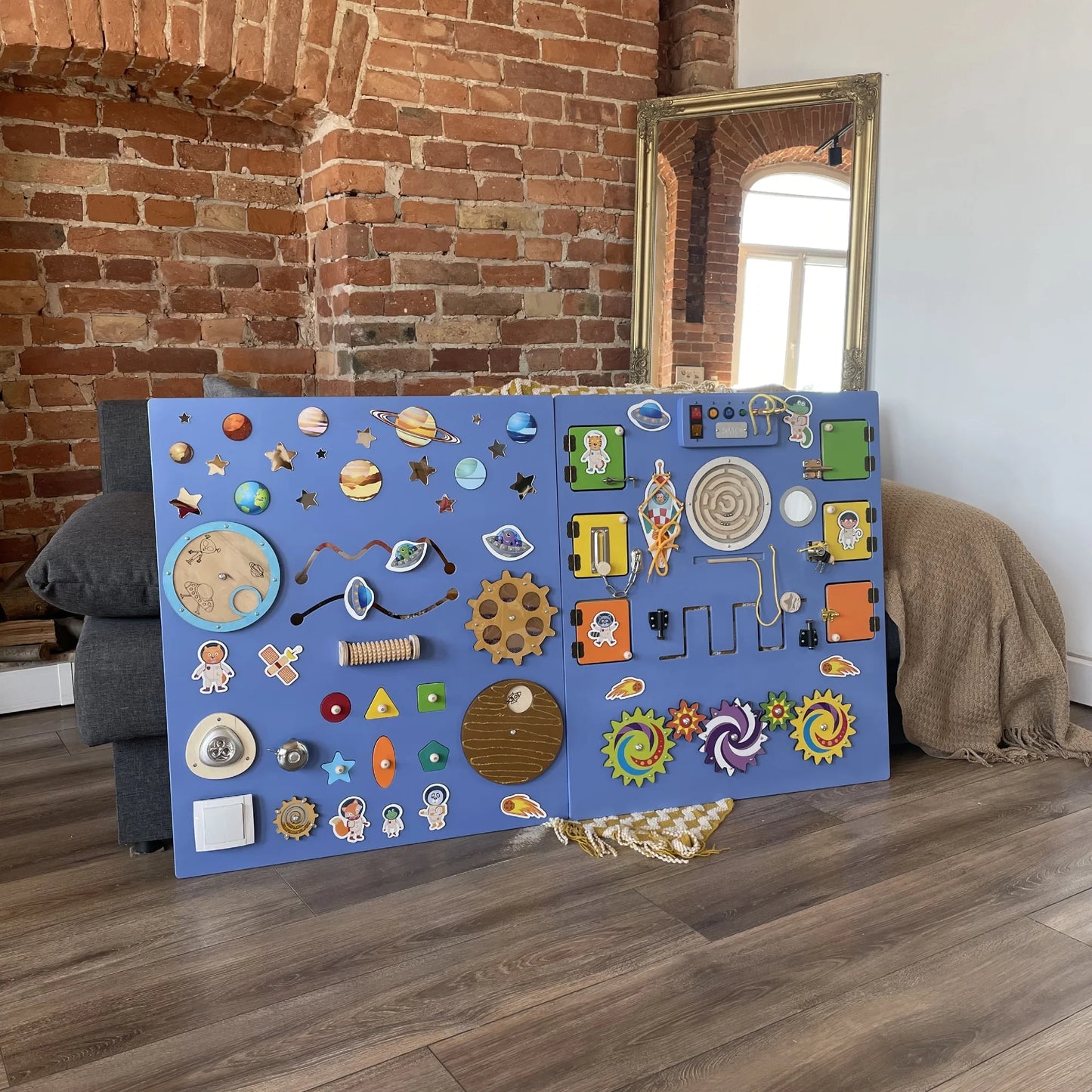 Large sensory wall panel for schools, clinics and autism therapy – Space Theme in deep purple color, busy board with lights, gears, and tactile activities