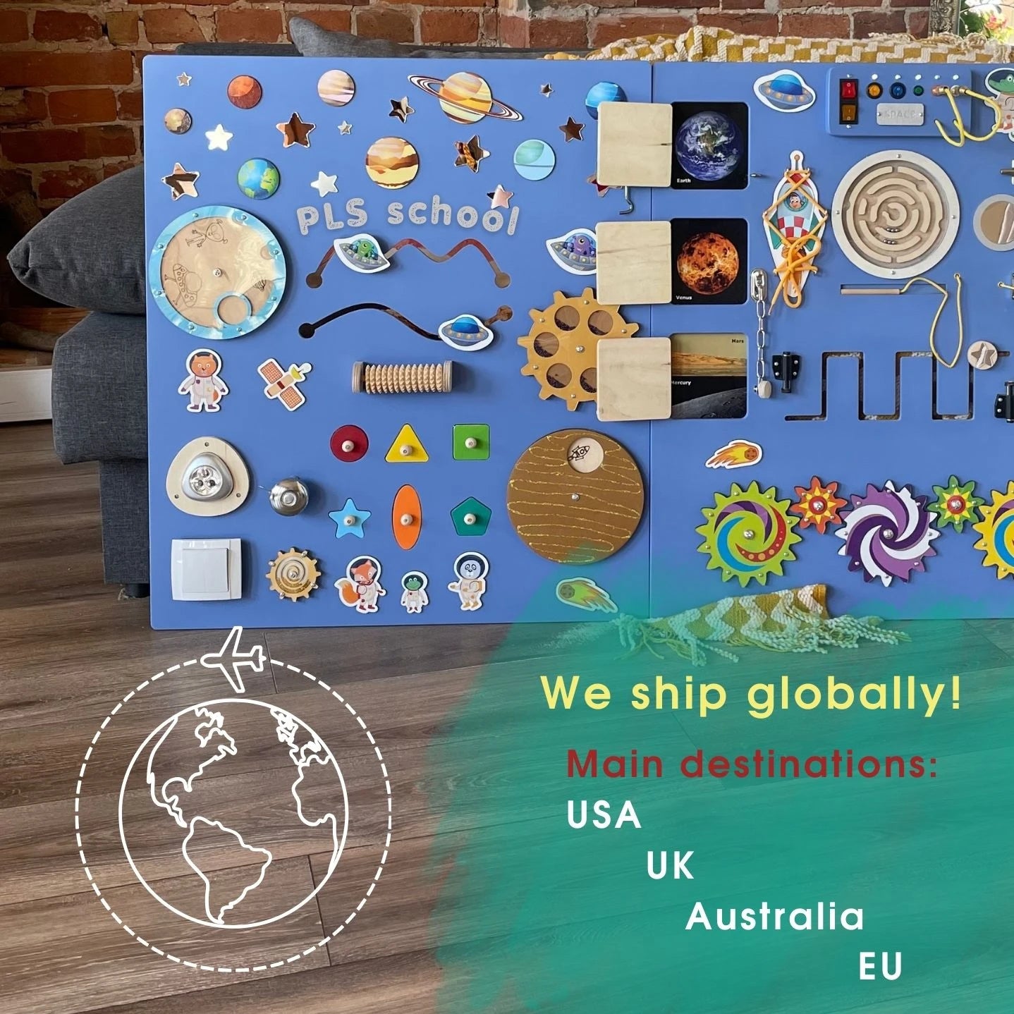 We ship globally – Sensory Wall Panel in Deep Purple Space Theme for Schools and Therapy, Destinations: USA, UK, Australia, EU