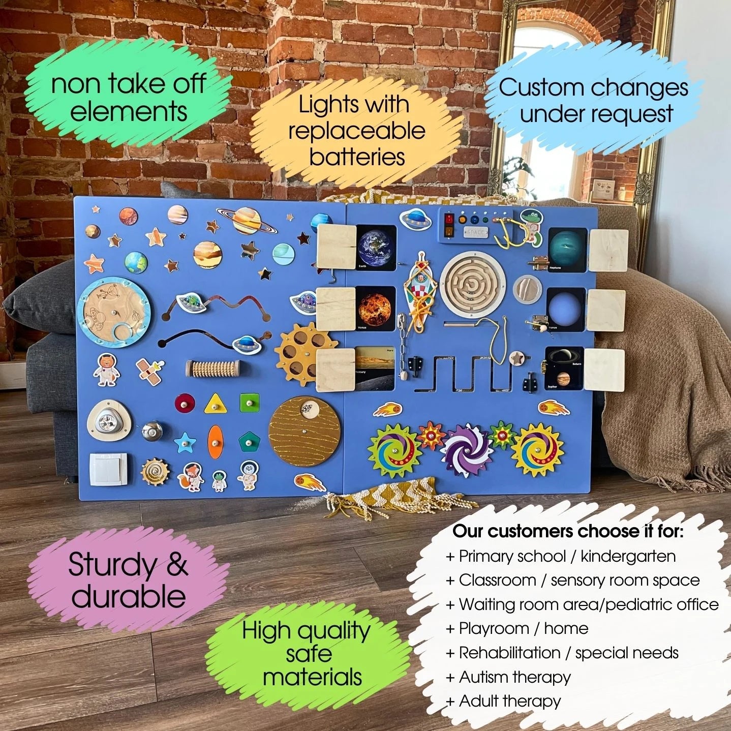 Infographic of Deep Purple Space-Themed Sensory Wall Panel – Ideal for Classrooms, Therapy Rooms, and Special Needs