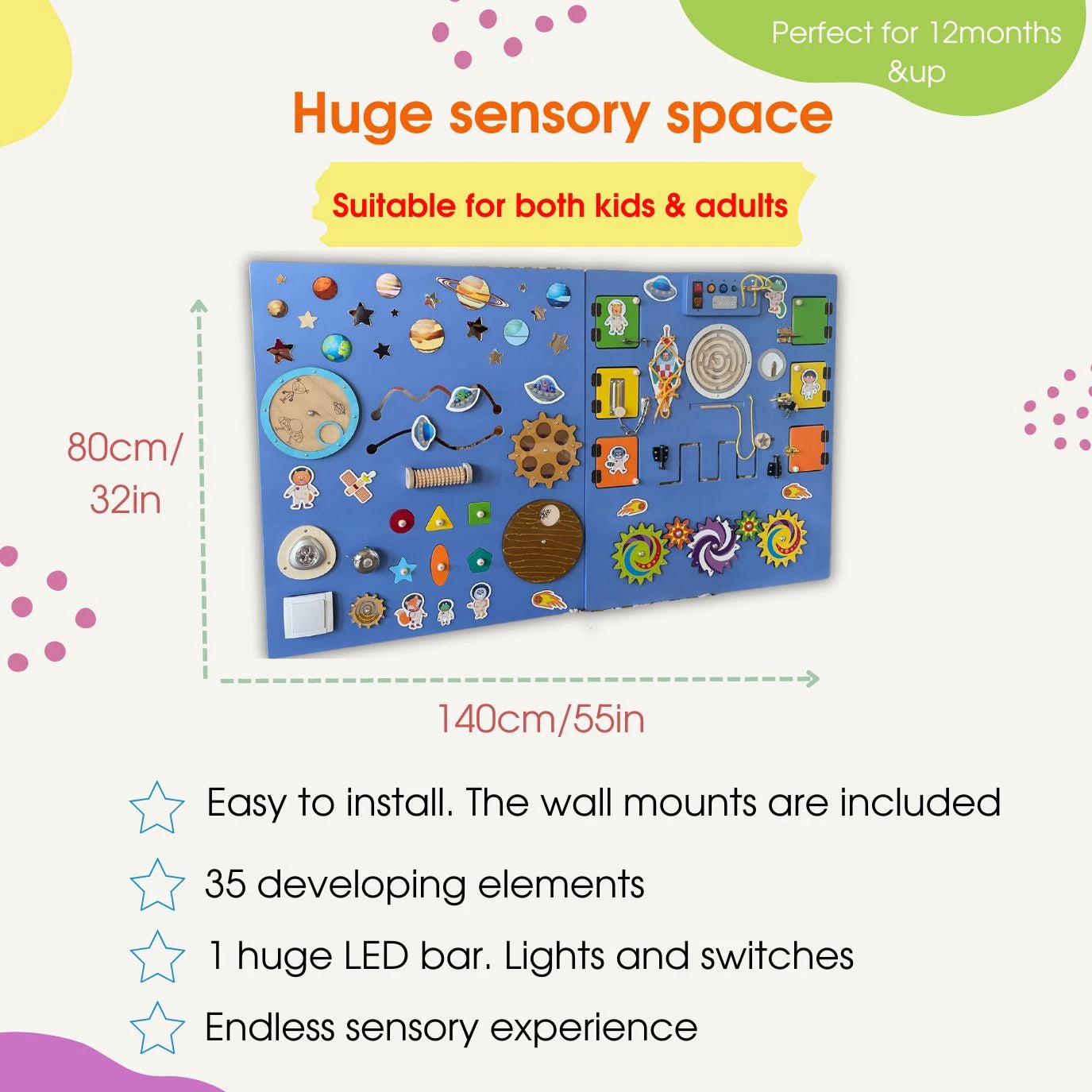 Large sensory wall panel in space theme – Deep Purple. 140×80cm (55×32in), includes 35 elements, LED light bar, switches, and wall mounts