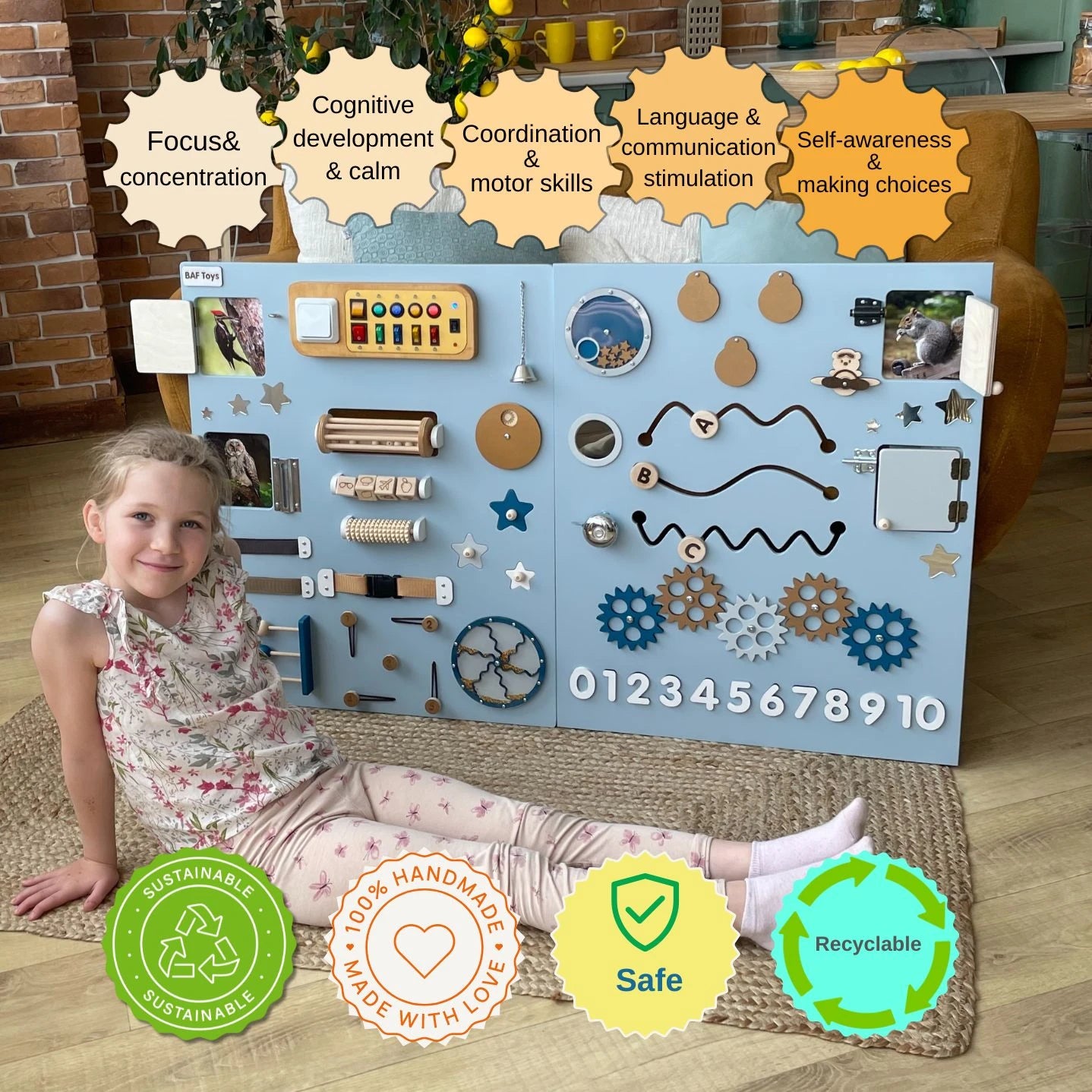 Sensory wall infographic listing therapy benefits such as motor skills, communication, and calm focus