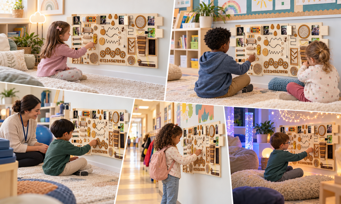 Sensory room in a special education classroom with sensory wall panels and calming activity areas