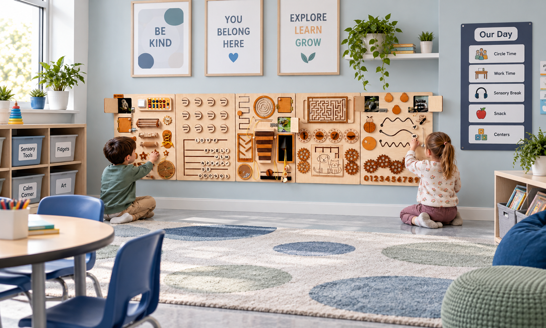 Elementary autism support classroom with sensory wall panels visual zones and calm-down corner