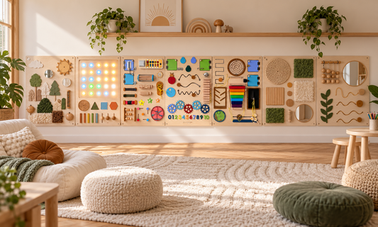 Sensory boards and sensory wall panels combined into a large wall mounted sensory activity wall