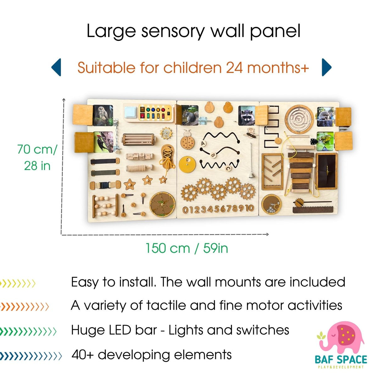 Sensory Wall Panels For Children | 3 sections | Large busy board for wall - Natural, Blue, Colorful