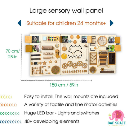 Sensory Wall Panels For Children | 3 sections | Large busy board for wall - Natural, Blue, Colorful
