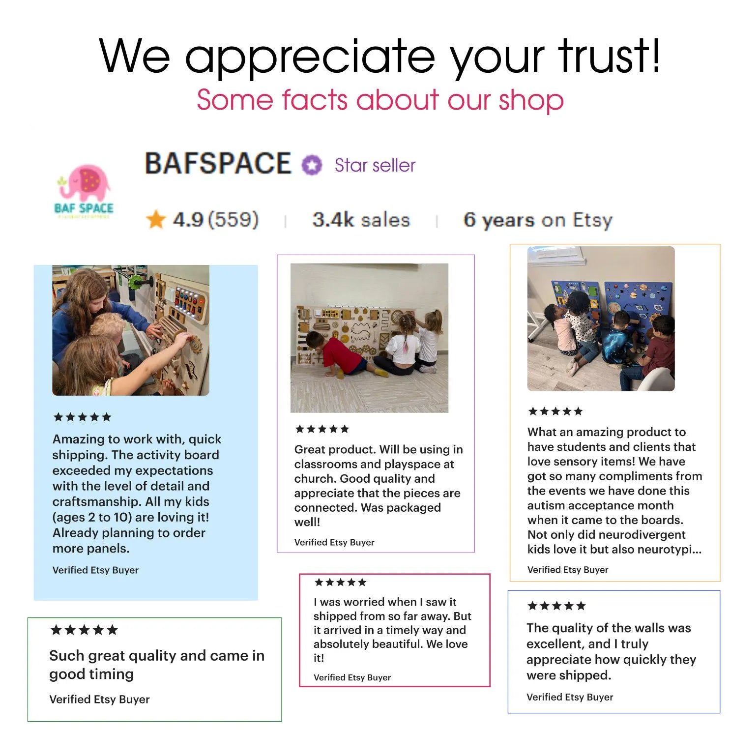 Customer review collage with photos of children using sensory wall panels in classrooms and playrooms.