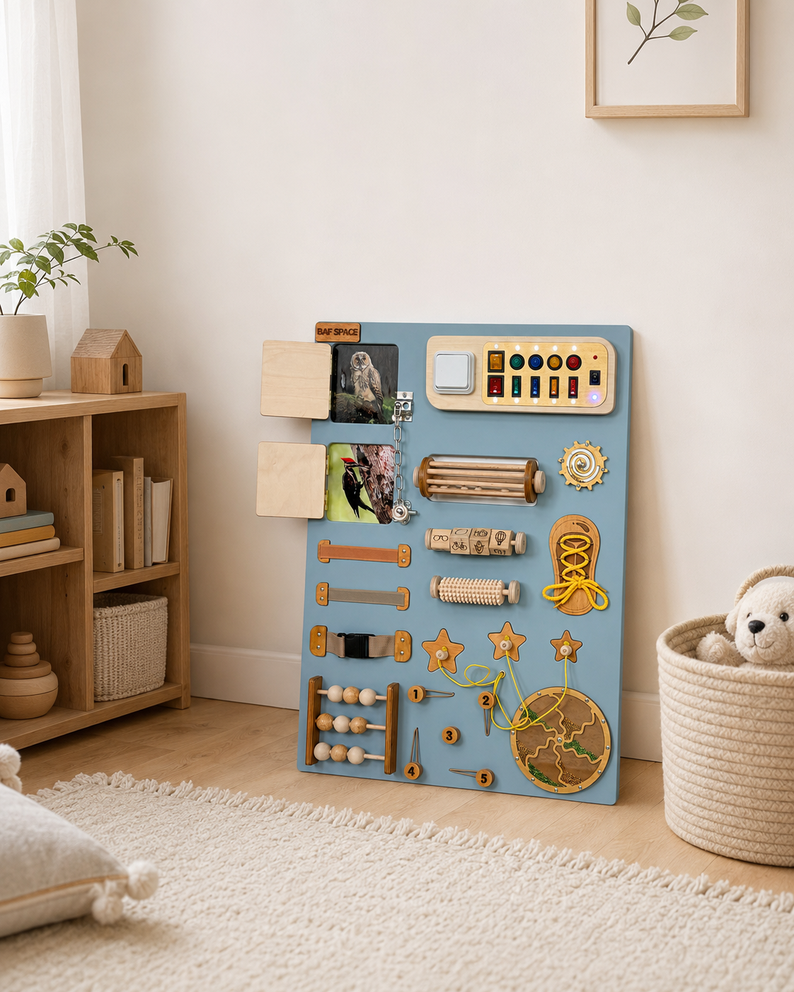 Blue Wooden Busy Board for Toddlers 50х70cm