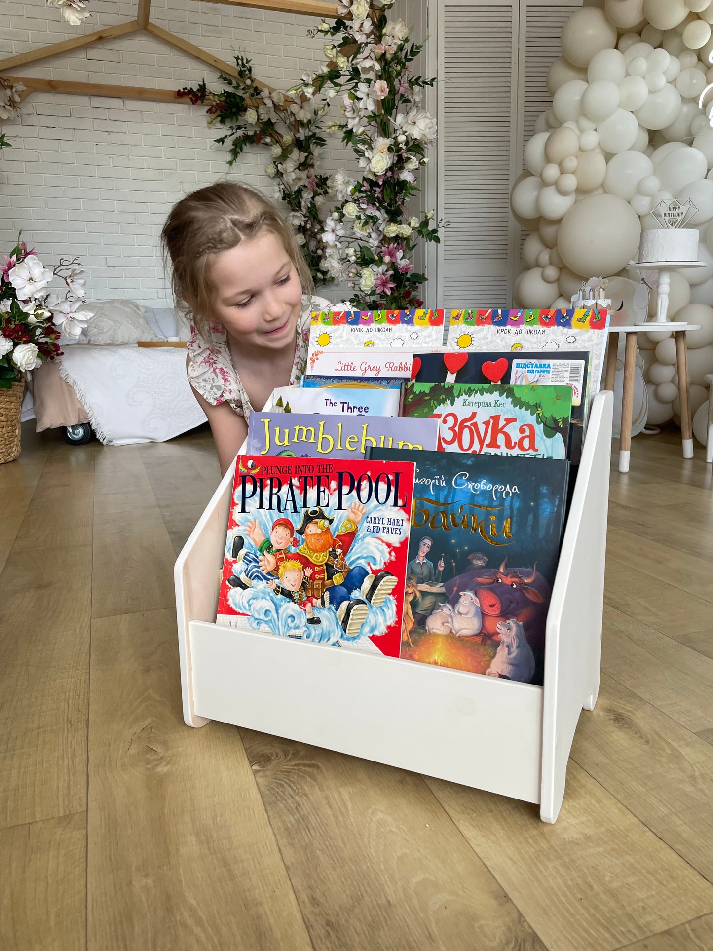 Wooden Montessori bookshelf of white color | Kids bookcase | Childrens book shelf