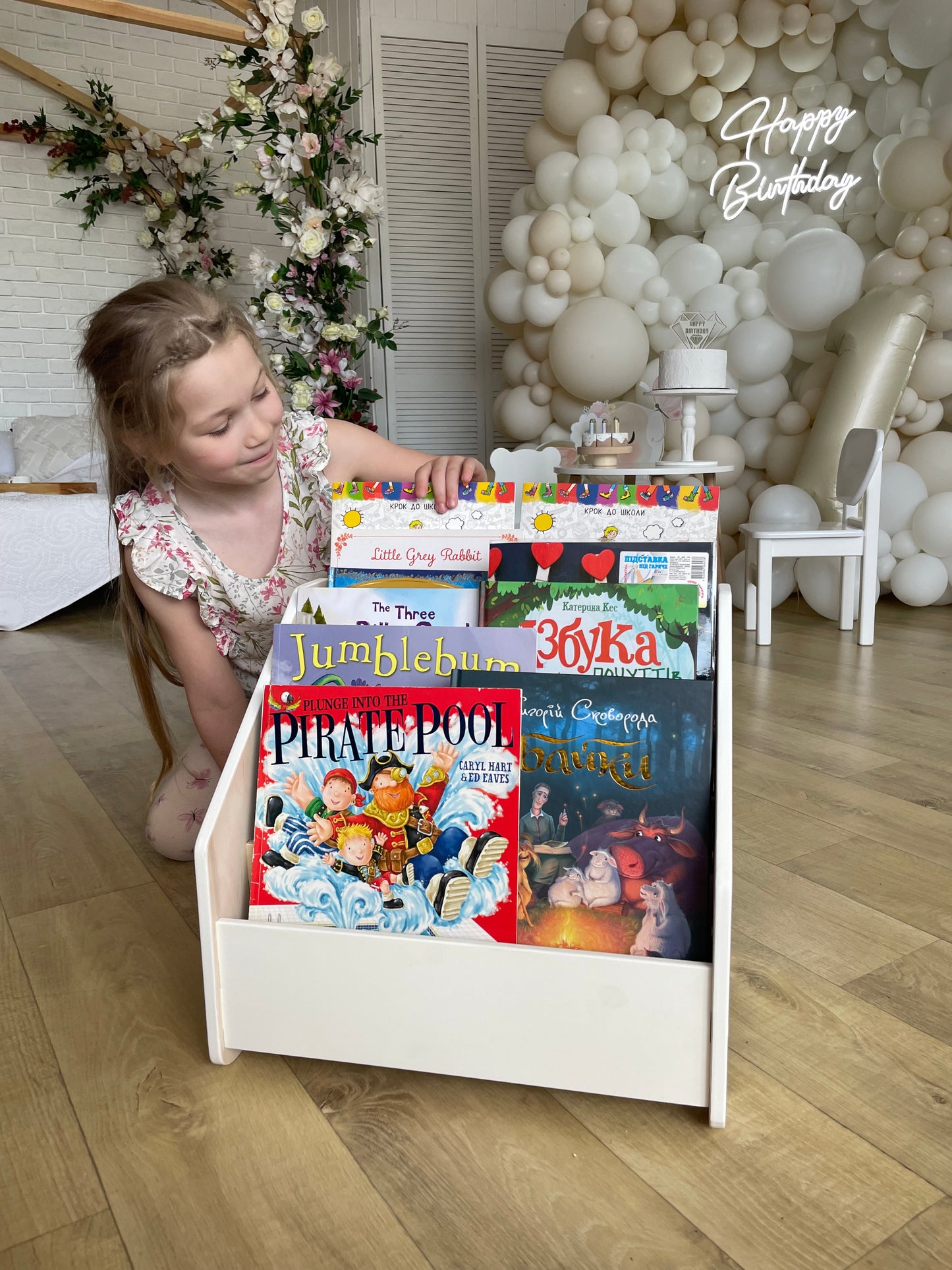 Wooden Montessori bookshelf of white color | Kids bookcase | Childrens book shelf