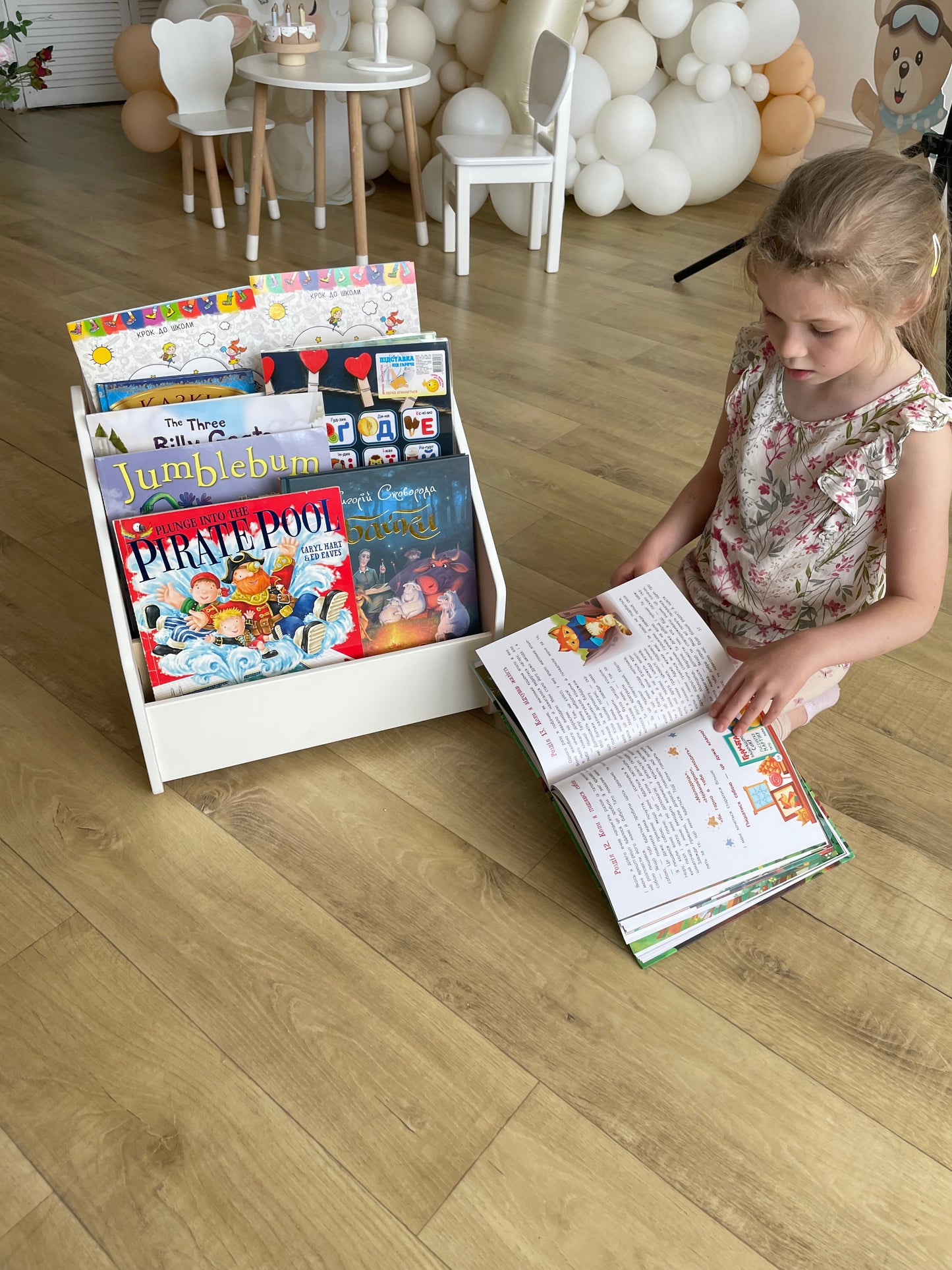 Wooden Montessori bookshelf of white color | Kids bookcase | Childrens book shelf