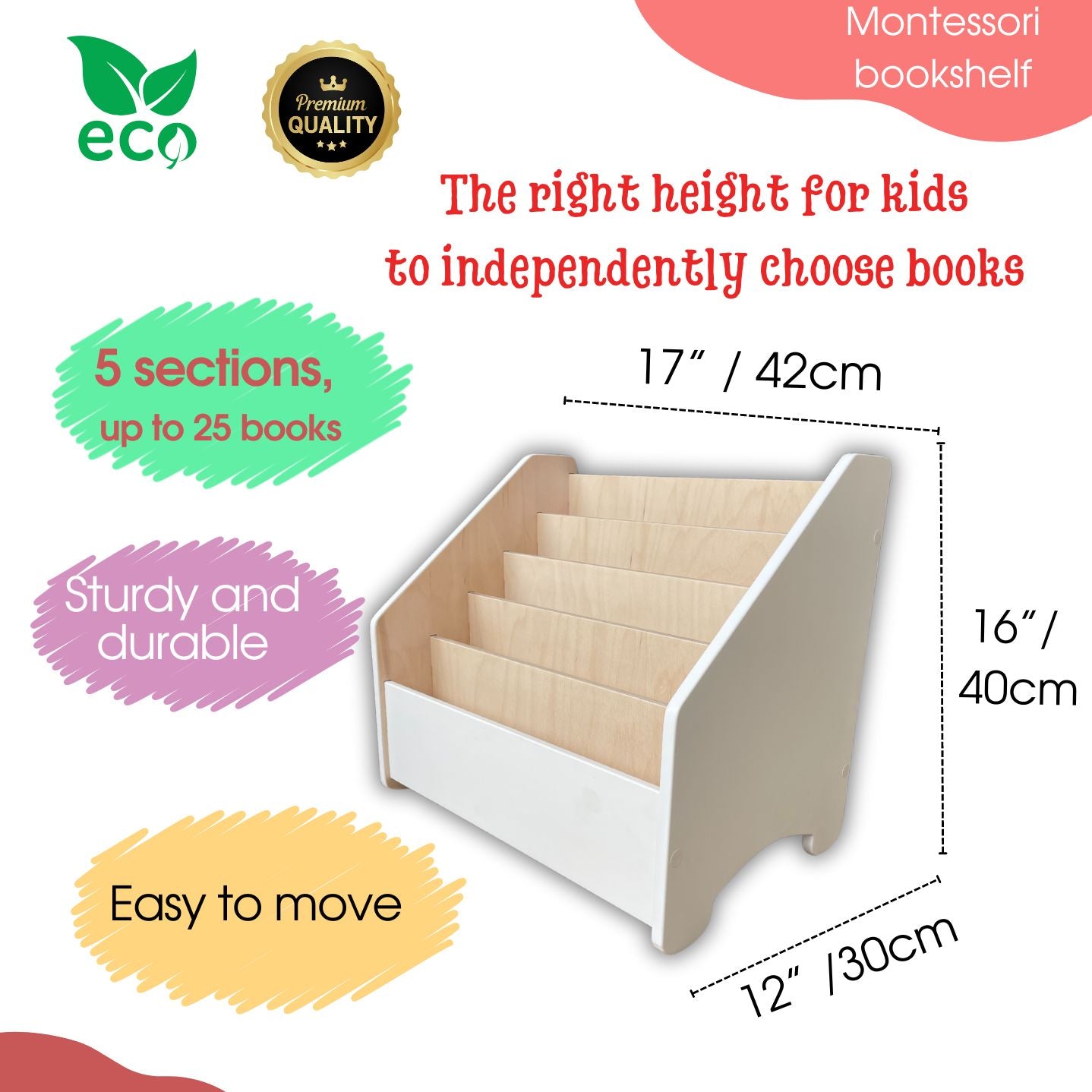 Wooden Montessori bookshelf of white color | Kids bookcase | Childrens book shelf