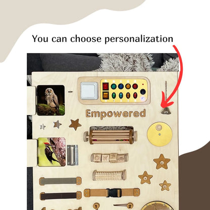 Personalized sensory wall panel in natural style with custom name option. Features fine motor activities, lights, locks, and photos for autism therapy, special needs, and home learning
