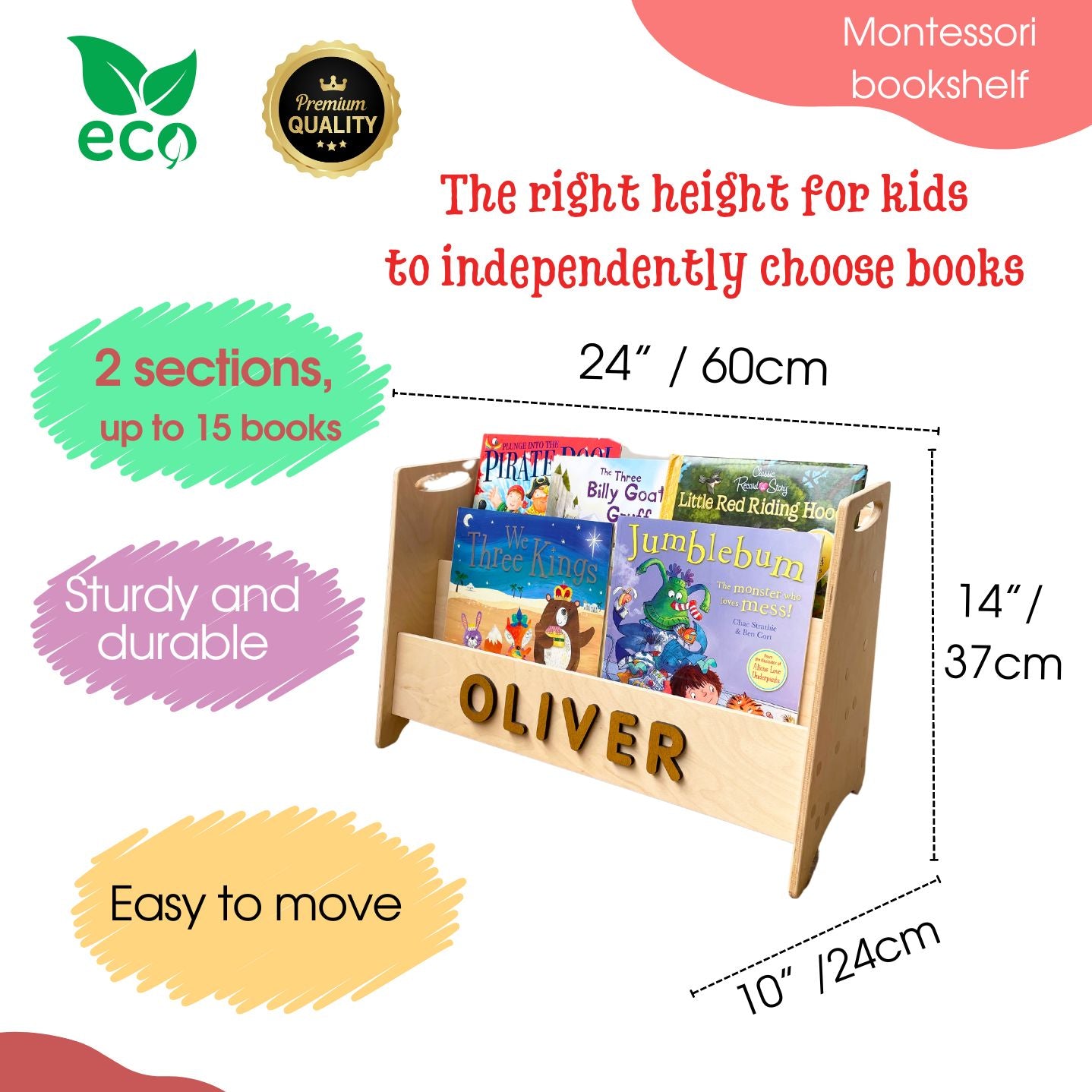 Kids bookshelf | Childrens book storage | Nursery book case of 2 sections