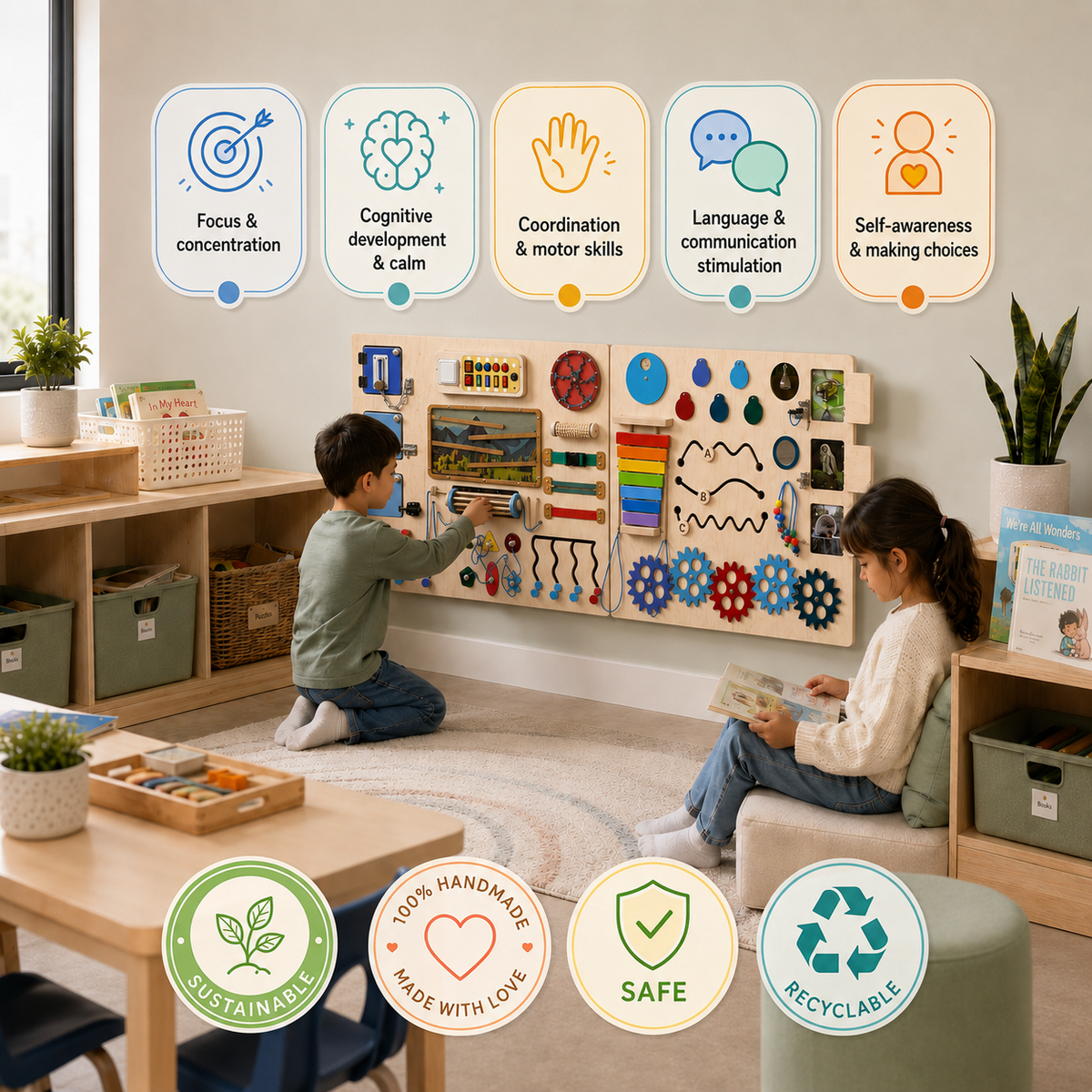 Sensory Wall Panels For Children | 3 sections | Large busy board for wall - Natural, Blue, Colorful
