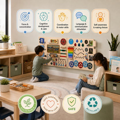 Sensory Wall Panels For Children | 3 sections | Large busy board for wall - Natural, Blue, Colorful