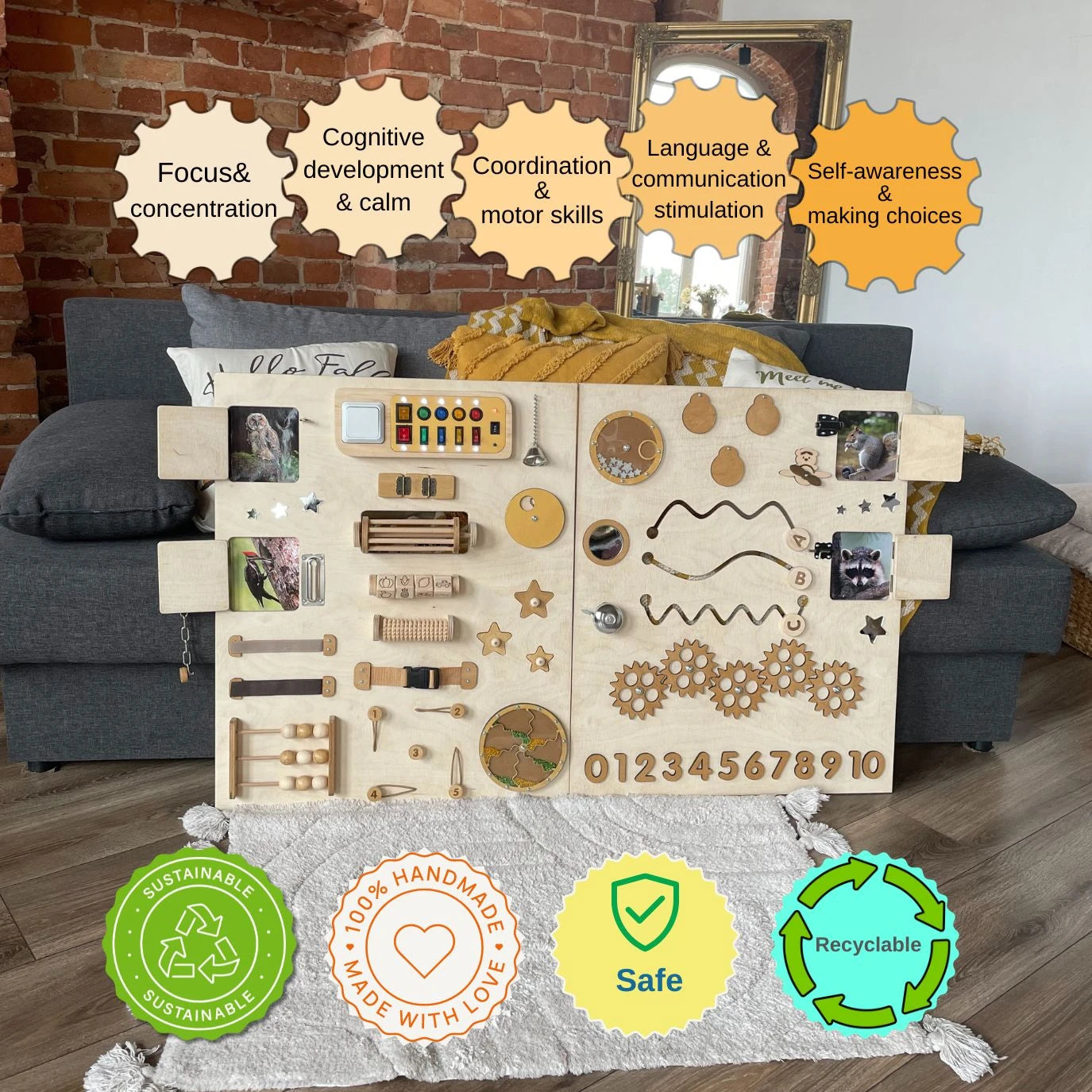Sensory wall panel with natural design shown in home interior. Highlights include cognitive development, fine motor skills, focus, language stimulation, and autism therapy. Handmade, safe, and eco-friendly
