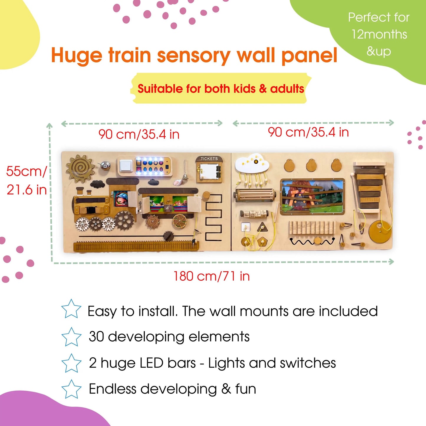 Infographic showing size, dimensions and features of large wooden train sensory wall panel for kids.