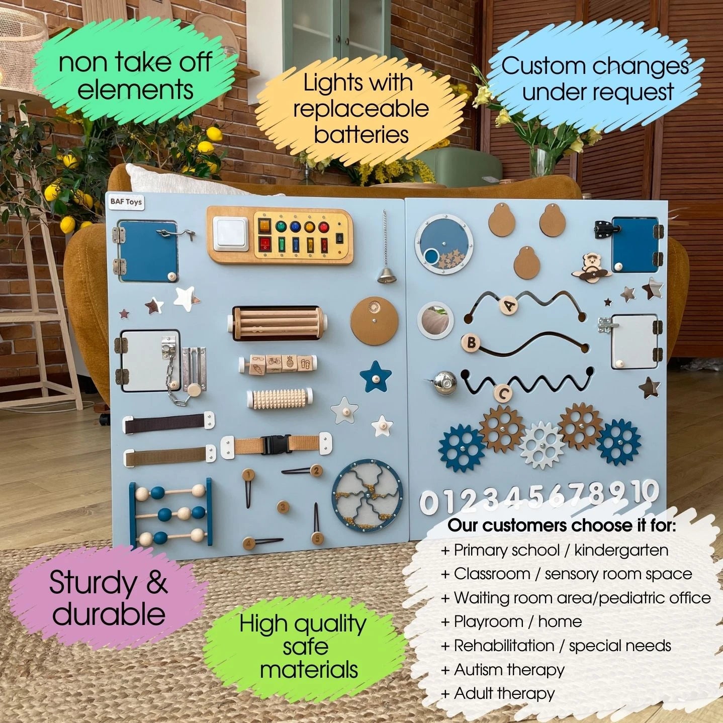 Highlighted features and usage applications of blue sensory panel for schools and therapy