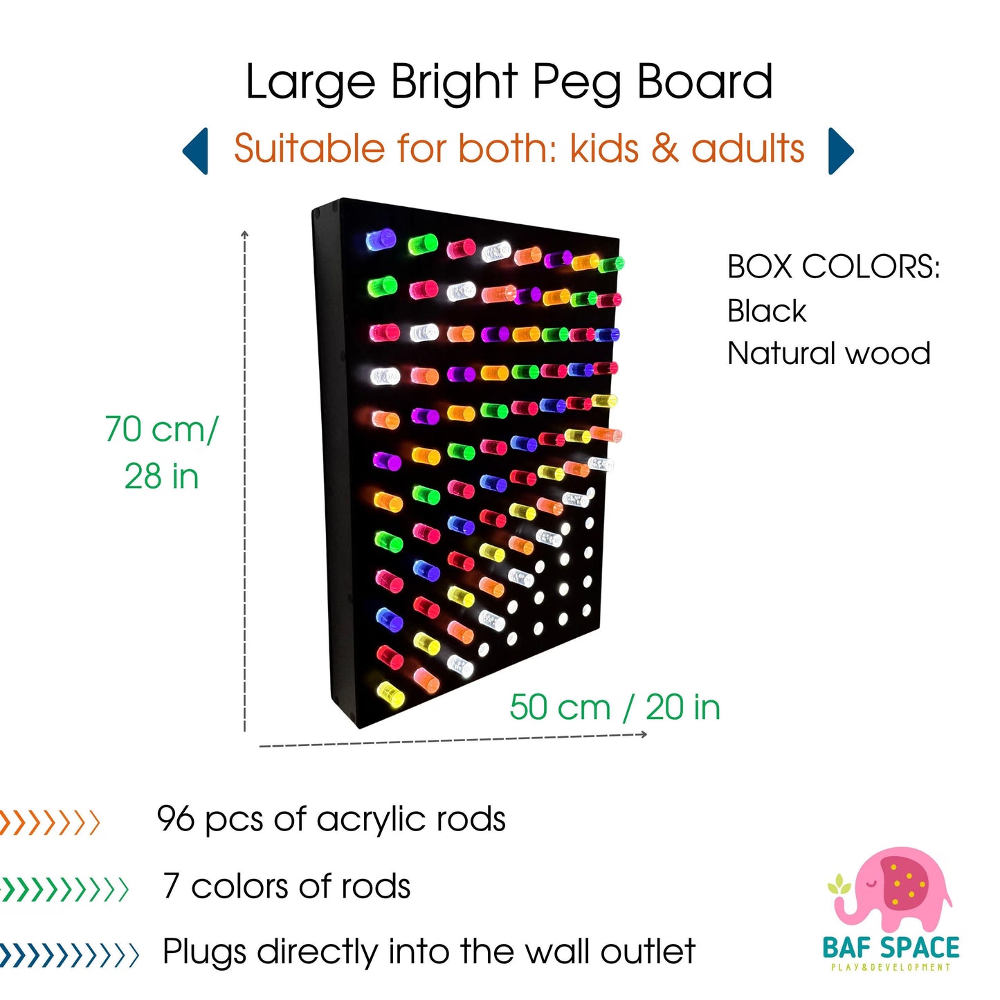 Giant Light Peg Board With Acrylic Rods | Light Panel Sensory Wall – 70 cm x 50 cm (28 in x 20 in), 96 acrylic rods, 7 colors, LED wall mounted sensory board
