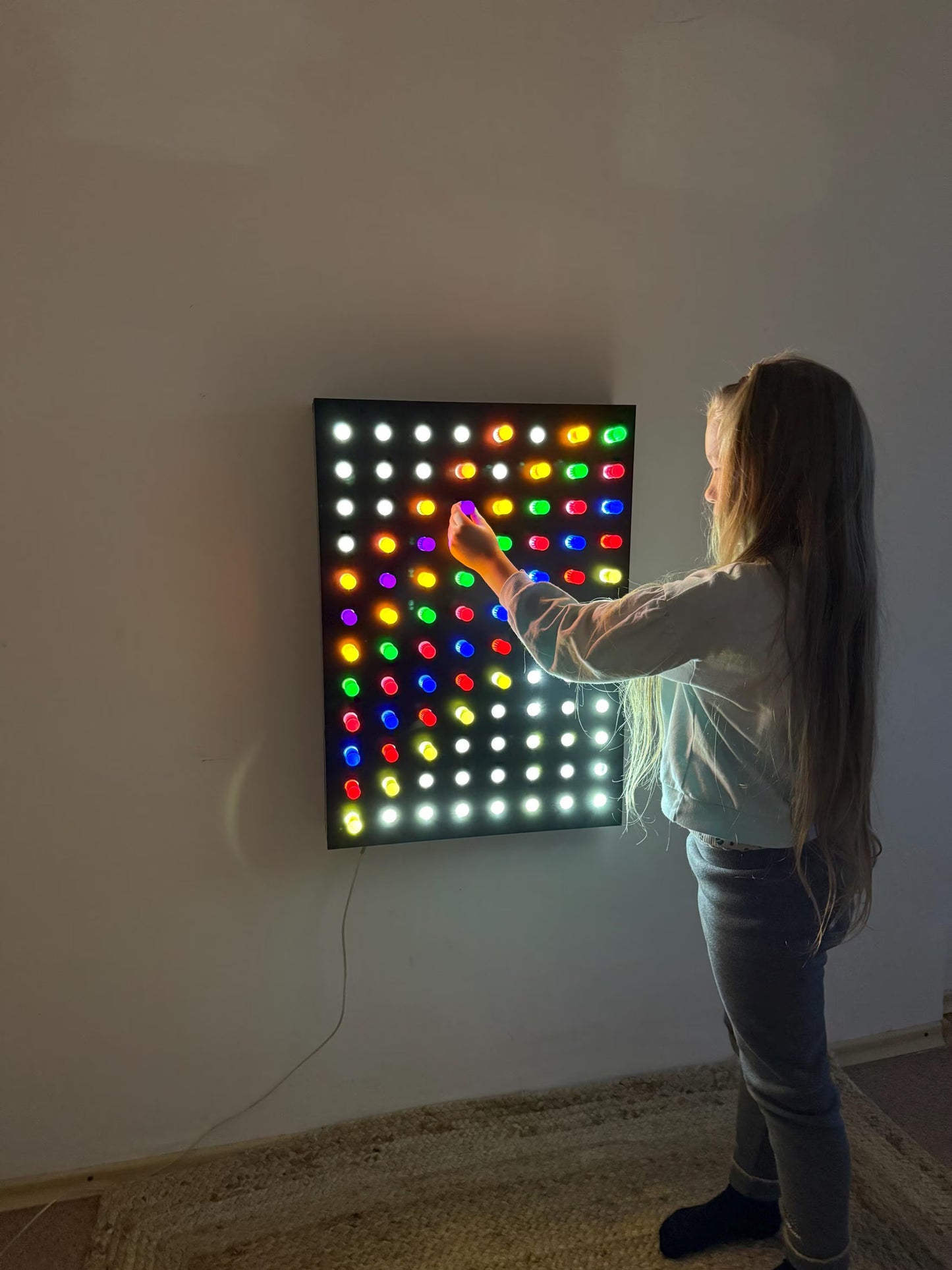 LED light panel sensory wall with multicolor acrylic rods – Giant Light Peg Board for Montessori classroom and therapy space
