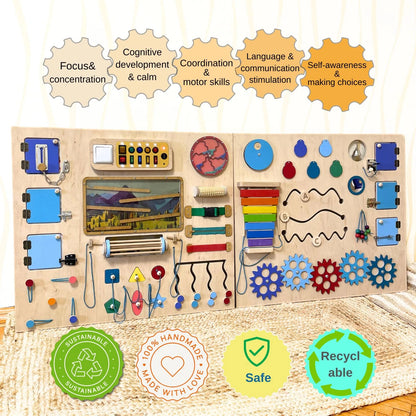 Educational sensory wall with labeled icons showing benefits like motor skills, focus, language, and therapy use.

