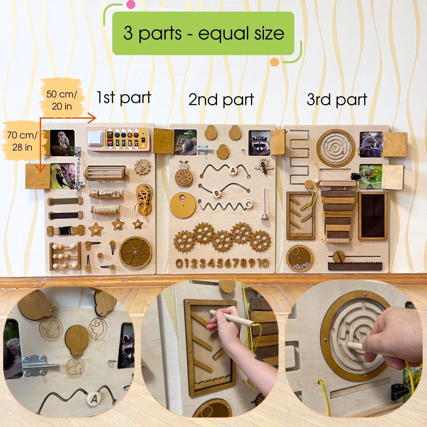 Infographic showing the sensory wall board divided into 3 equal parts of 50×70cm.
