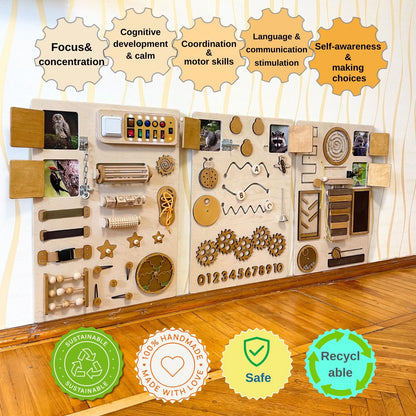 Infographic showing key benefits: focus, coordination, cognitive development, language stimulation, and self-awareness.
