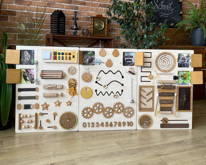BAF SPACE sensory boards detail: ribbons, lacing, and magnet game. Occupational therapy tool to improve hand dexterity and focus. 