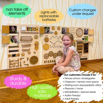 A happy girl next to the wall panel with highlighted benefits: non-removable parts, battery lights, customization, safe materials, and usage in schools, clinics, and therapy.
