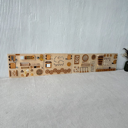 Natural wooden sensory wall panel mounted on white wall, full view of 4 connected sections